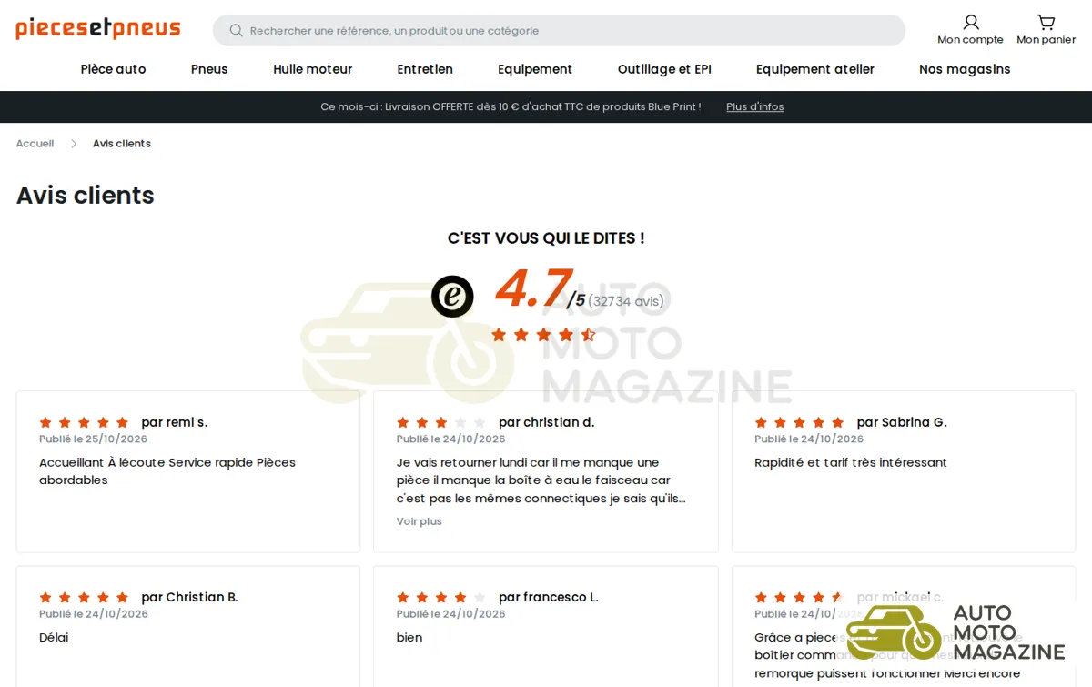 Capture : Avis clients - Piecesetpneus.com